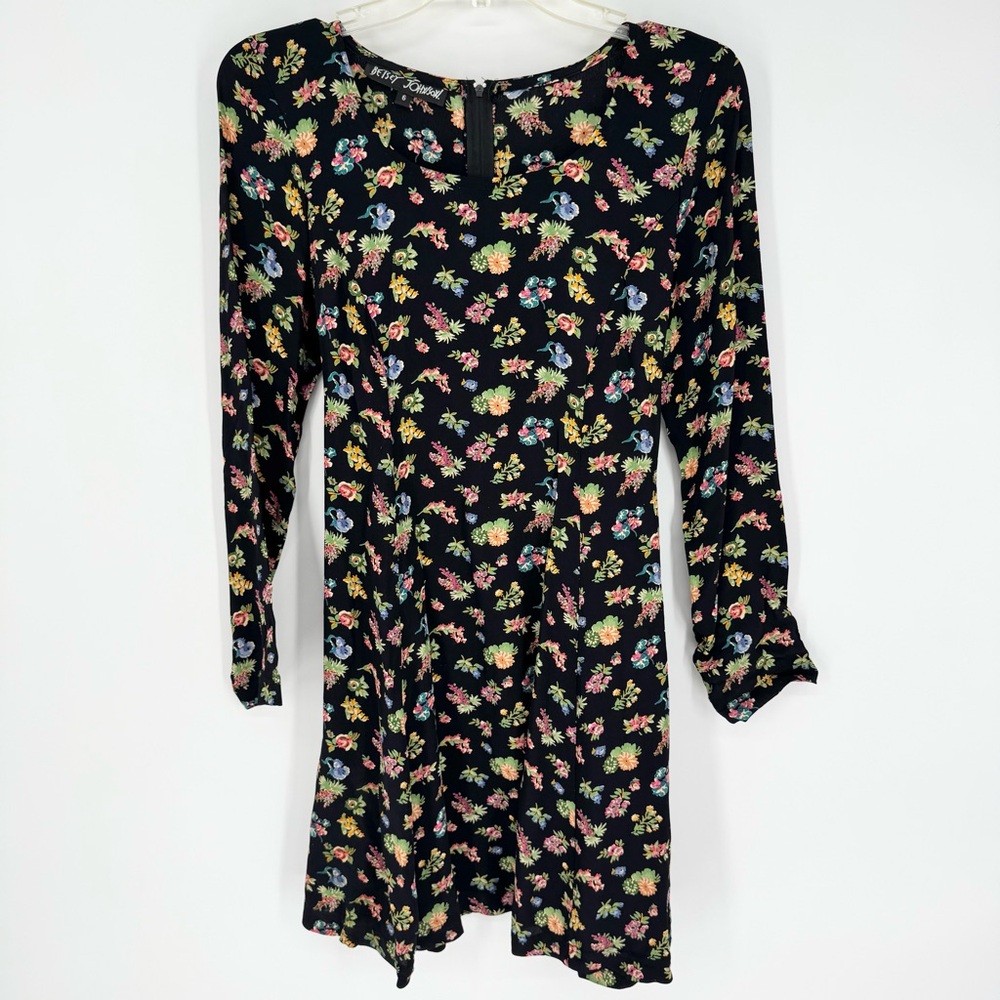 Vintage 90s Y2K‎ Fairy Grunge Betsey Johnson LS Floral Mini Dress Black Size 6 - Picture 2 of 11